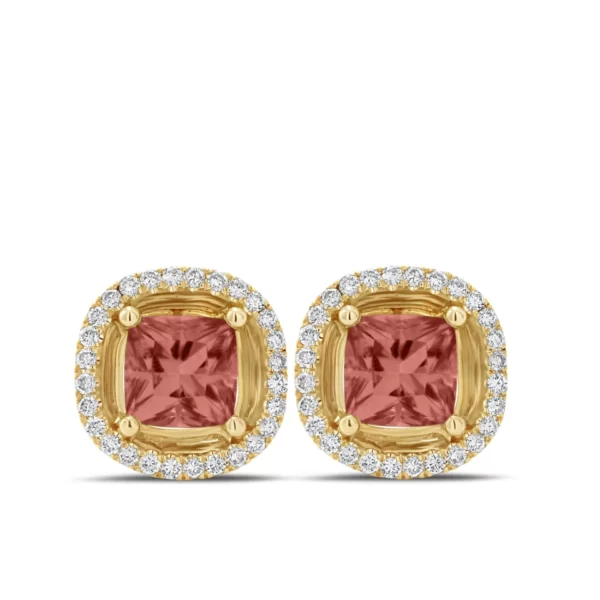 boucles d'oreilles en or jaune 18K avec une pierre coussin rose en tourmaline et diamants VVS