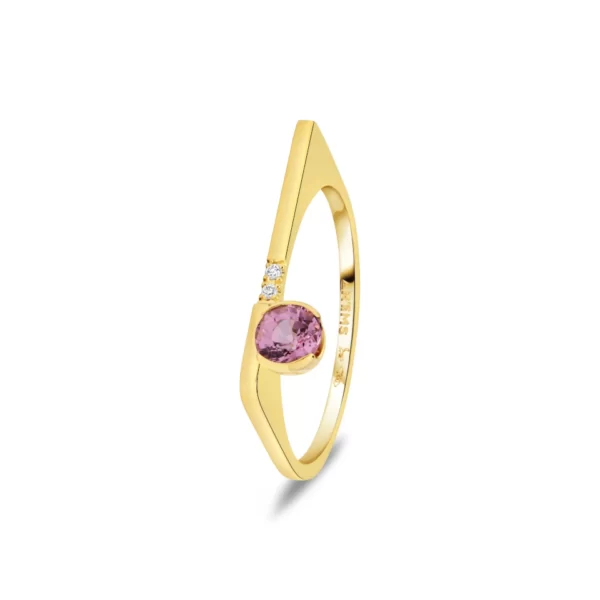 ring in yellow gold 18K with round pink tourmaline stone and diamonds VS