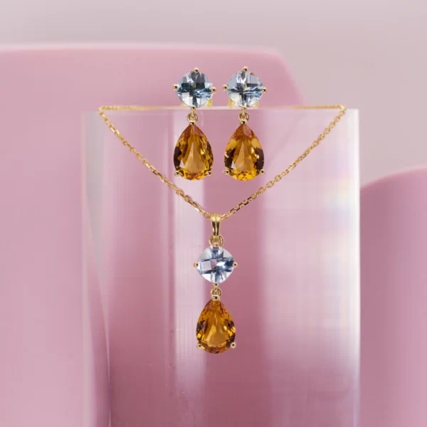 Boucles d'oreilles et collier en or jaune 18K avec des pierres en citrine et topaz