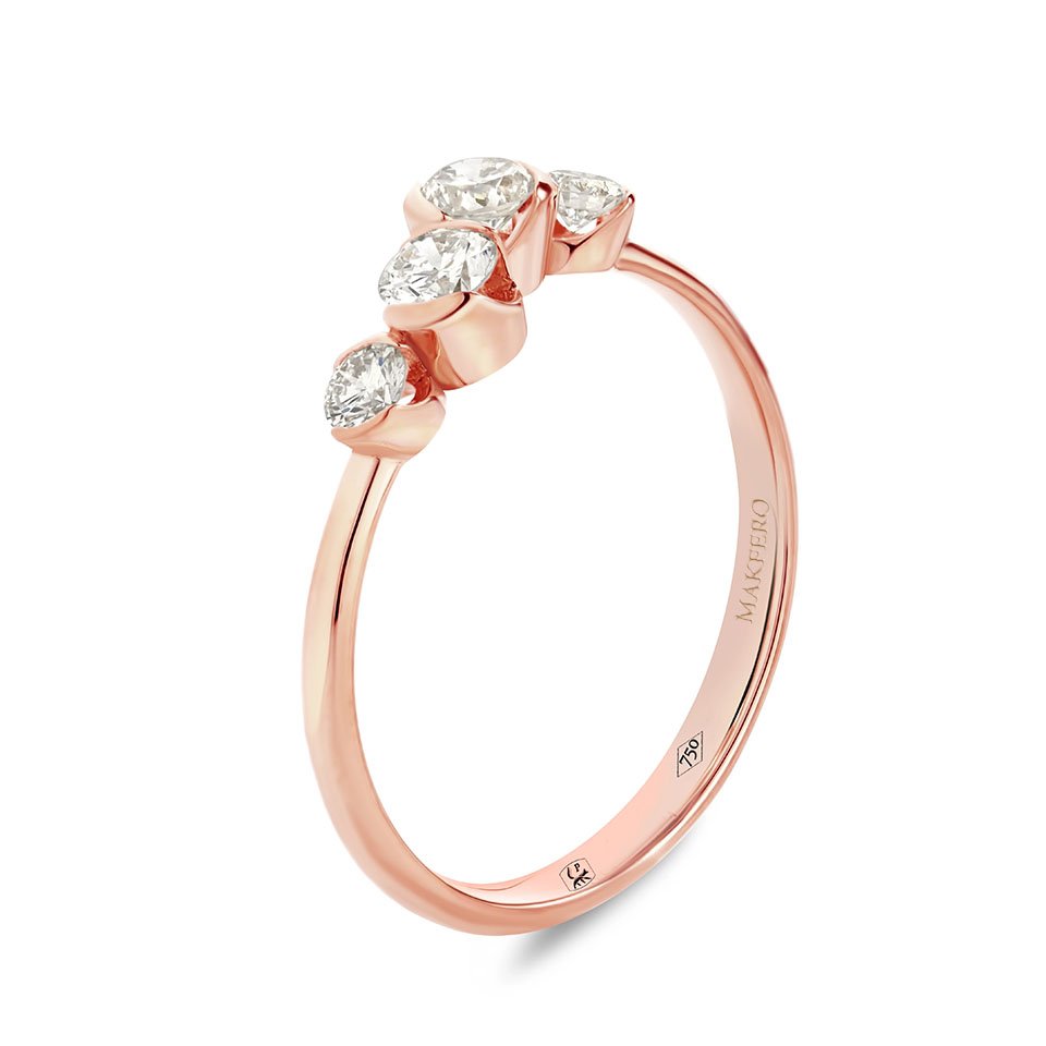 Rose gold ring with four round diamonds, 3.4 mm each, set in a flowing band design
