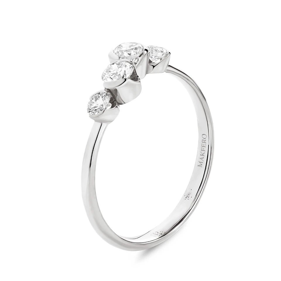 White gold ring with four round diamonds, 3.4 mm each, set in a flowing band design