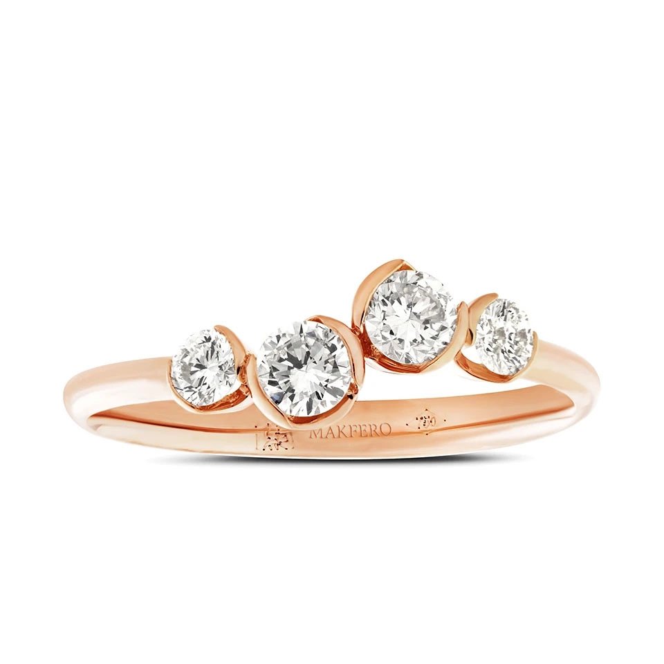 Rose gold ring with four round diamonds, 3.4 mm each, set in a flowing band design
