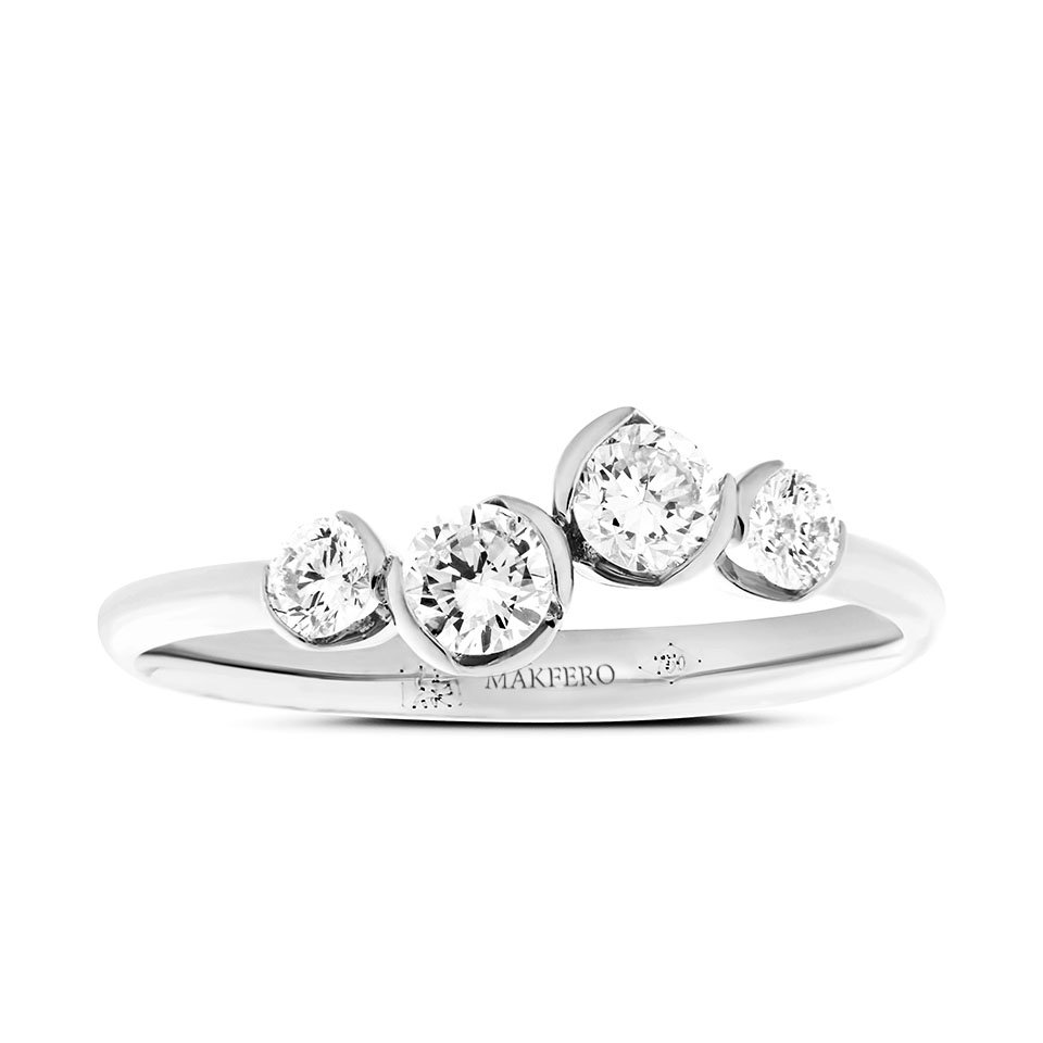 White gold ring with four round diamonds, 3.4 mm each, set in a flowing band design
