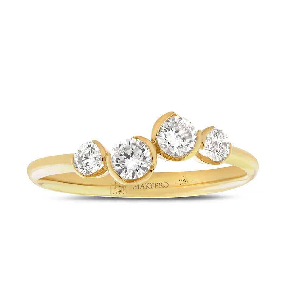 Yellow gold ring with four round diamonds, 3.4 mm each, set in a flowing band design