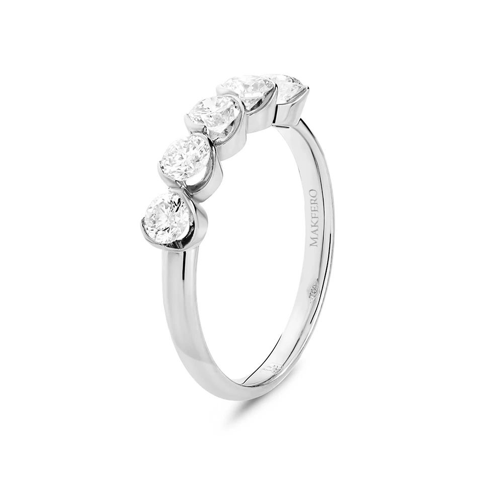 White gold ring with five round diamonds, 3.5 mm each, set along the band