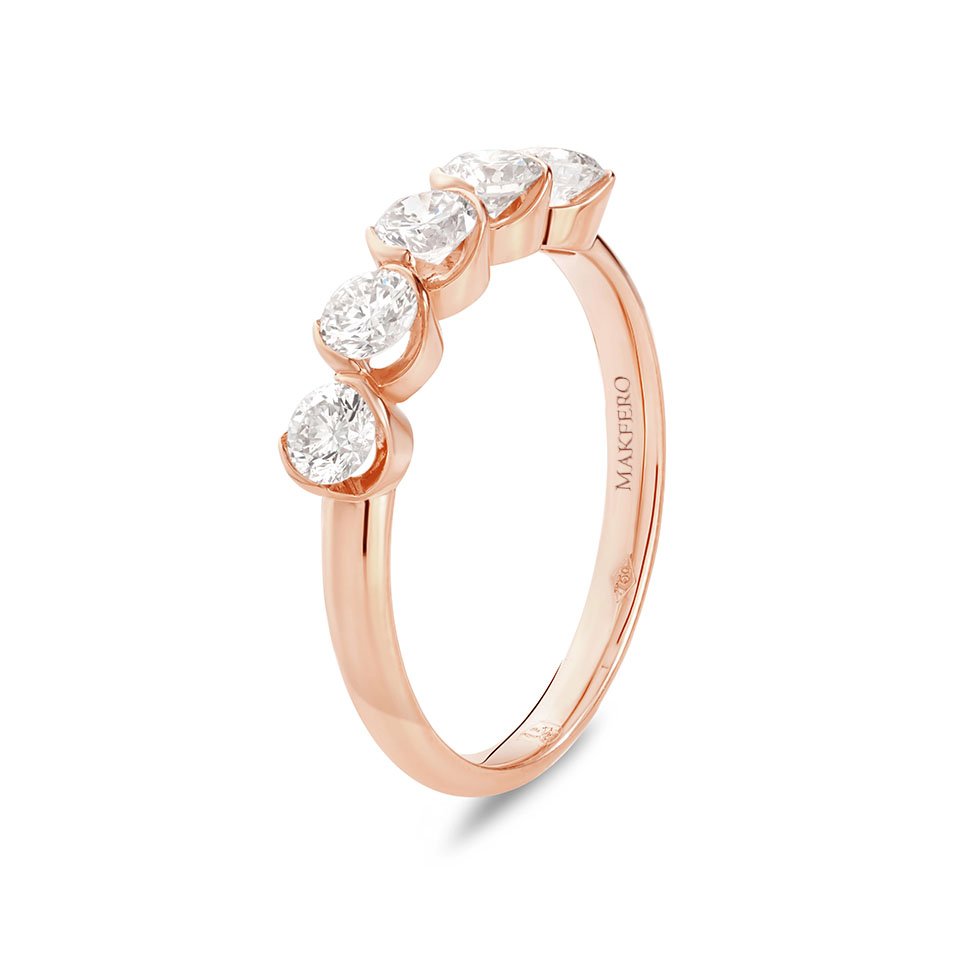 Rose gold ring with five round diamonds, 3.5 mm each, set along the band