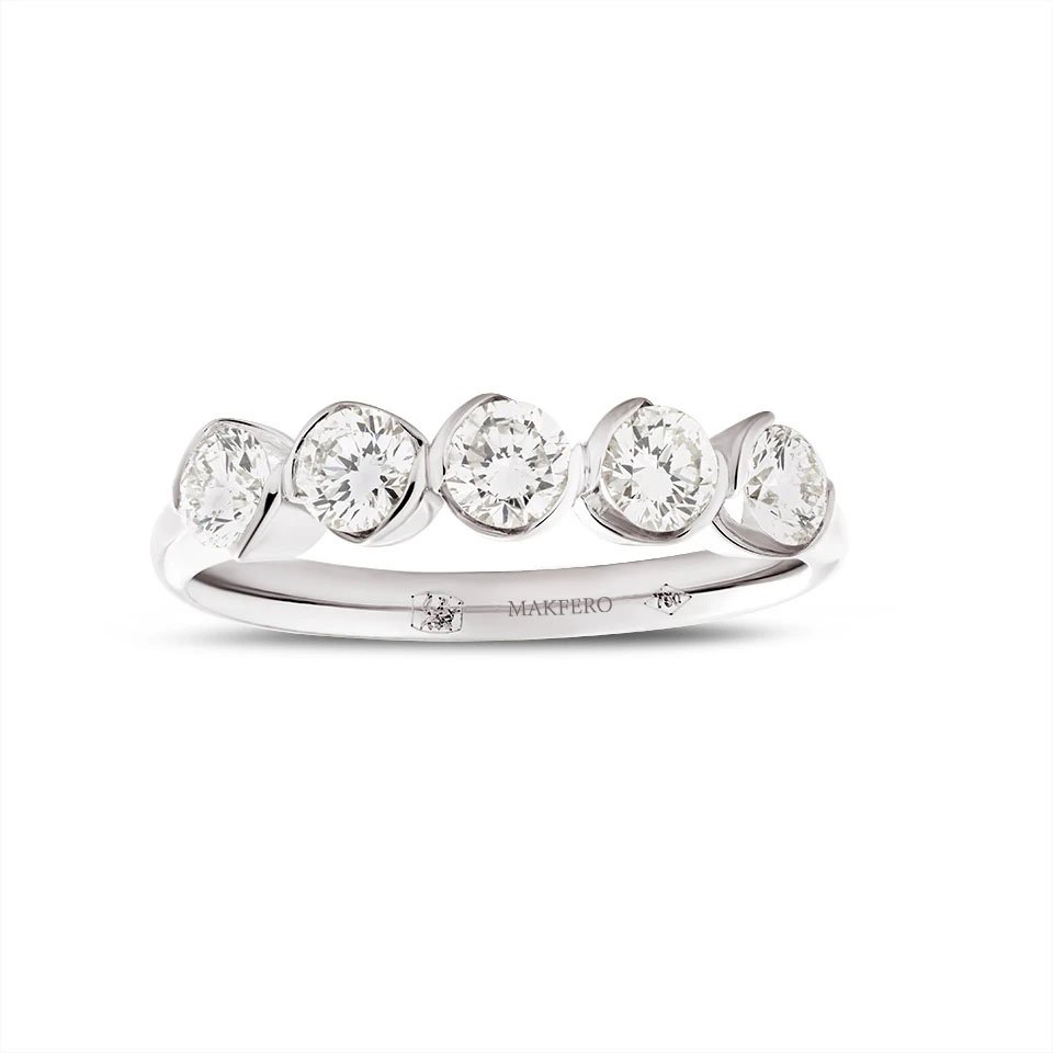 White gold ring with five round diamonds, 3.5 mm each, set along the band