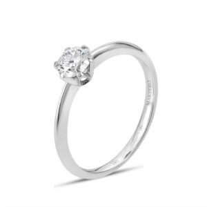 White gold engagement ring with a certified round diamond
