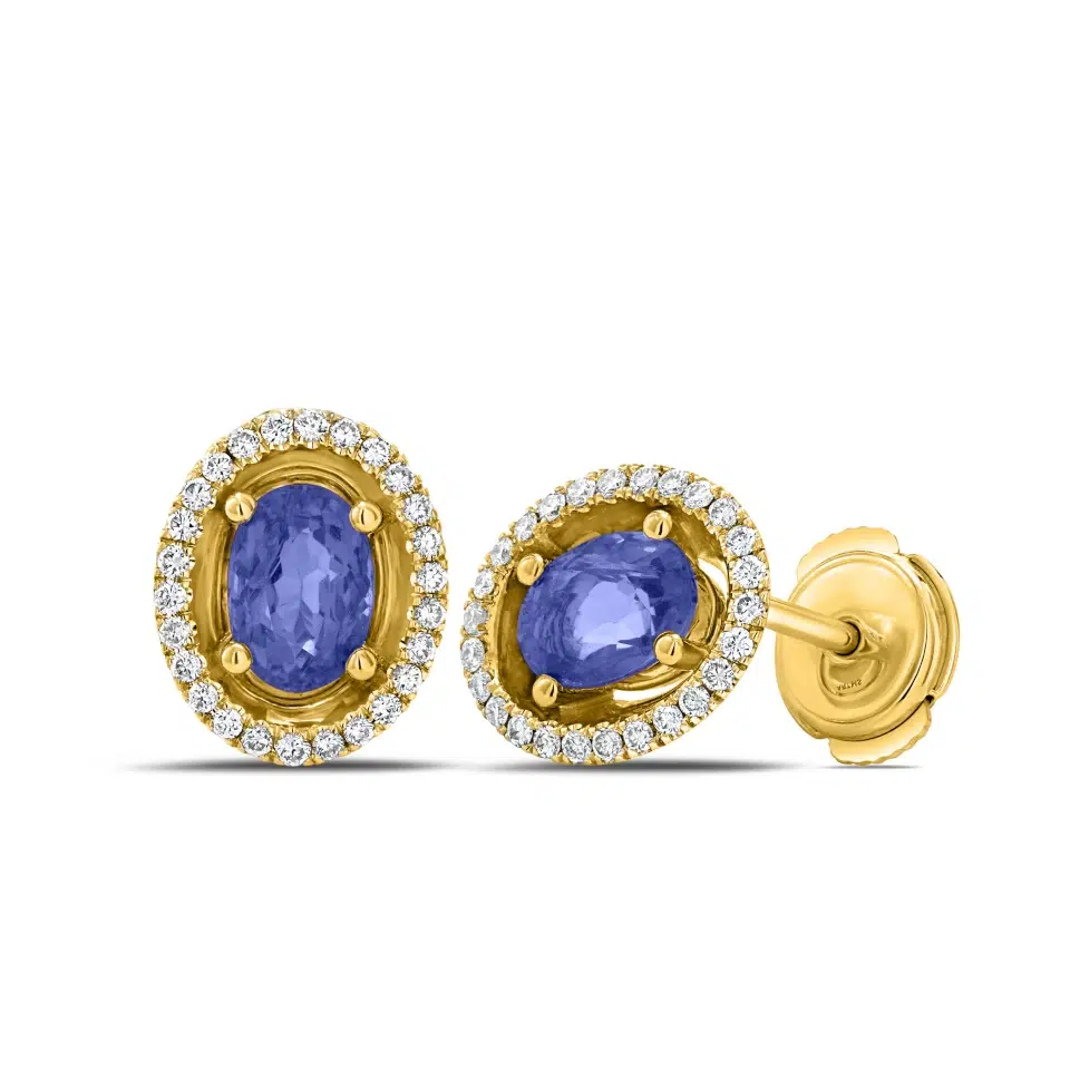 Pair of Aurore earrings in 18K white gold with oval tanzanites and a diamond halo