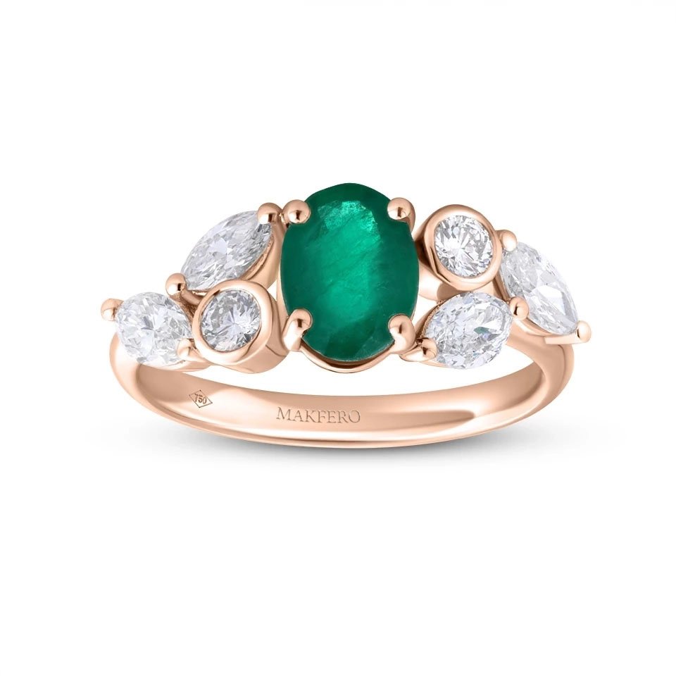 Rose gold ring with an oval emerald, 7.75 × 5.75 mm, two round diamonds, and four marquise diamonds in a floral design