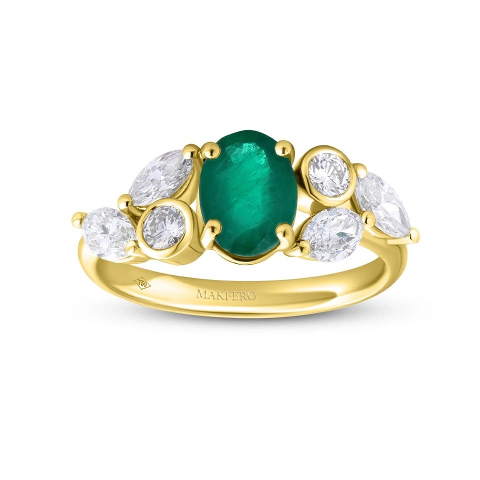 Yellow gold ring with an oval emerald, 7.75 × 5.75 mm, two round diamonds, and four marquise diamonds in a floral design