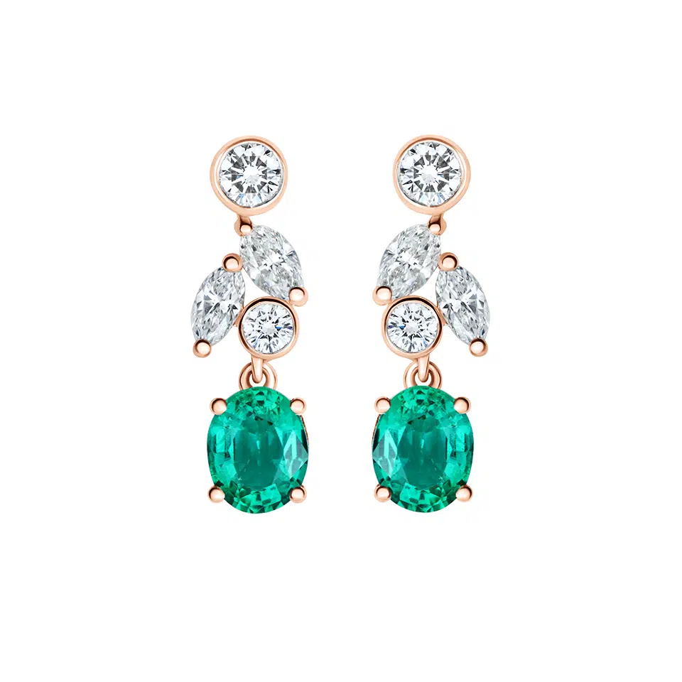 Pair of Carya earrings in 18K white gold with oval emeralds and marquise and round diamonds