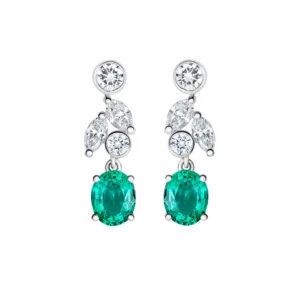 Pair of Carya earrings in 18K white gold with oval emeralds and marquise and round diamonds