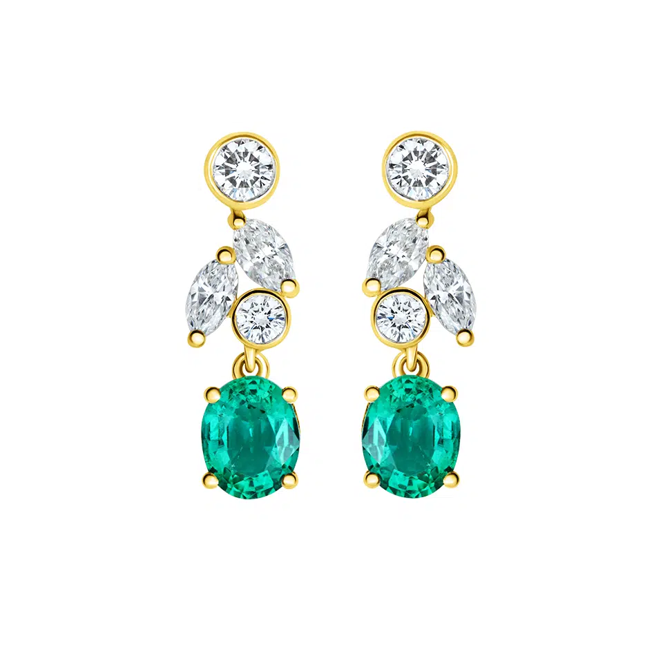 Pair of Carya earrings in 18K white gold with oval emeralds and marquise and round diamonds