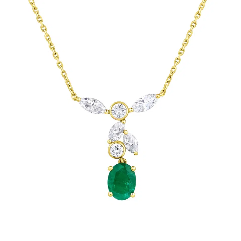 Carya necklace in 18K gold with an oval emerald and a composition of round and marquise diamonds on a fine chain
