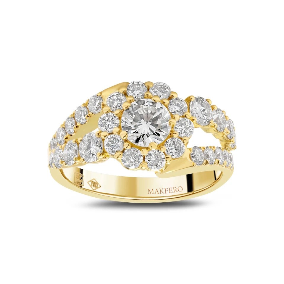 Yellow gold ring with a certified central round diamond, surrounded by 28 smaller round diamonds in a starry design