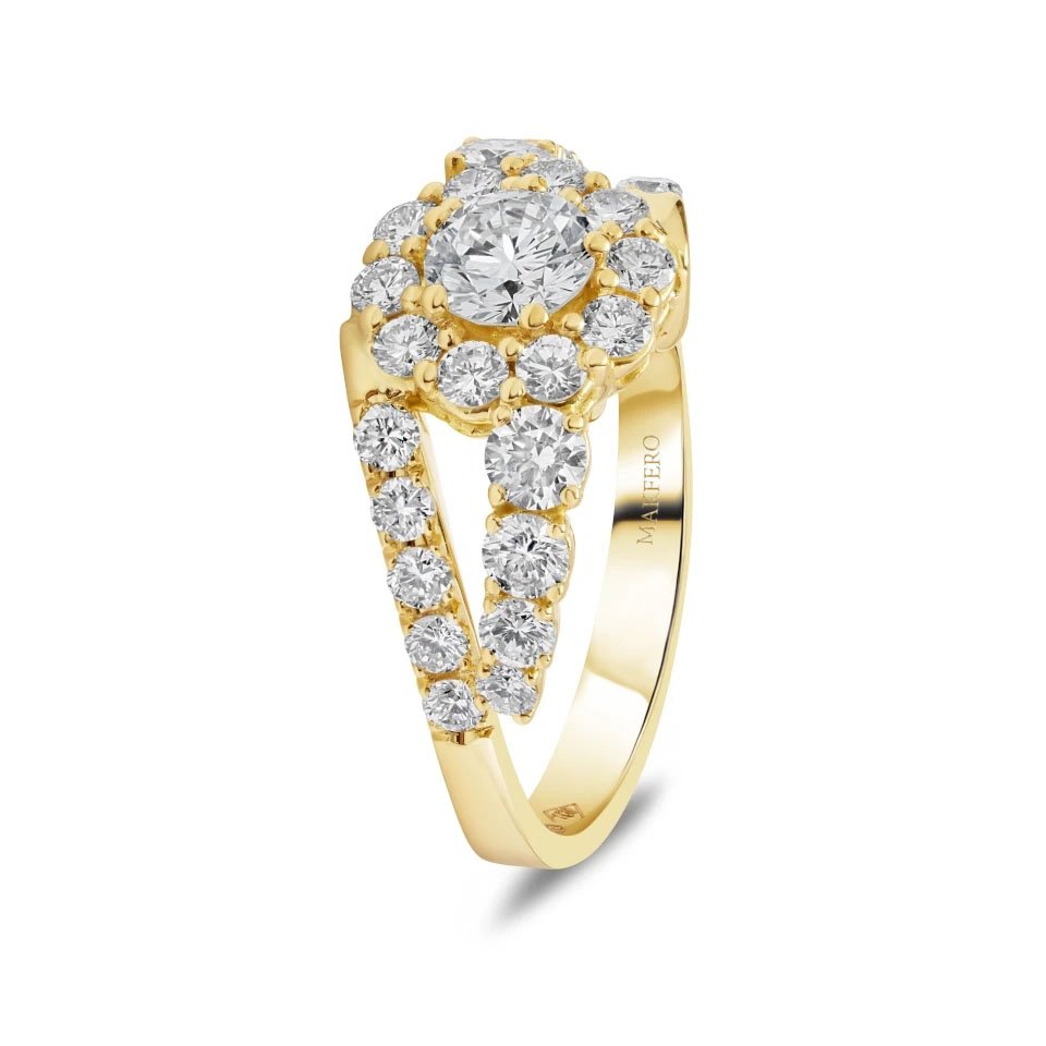 Yellow gold ring with a certified central round diamond, surrounded by 28 smaller round diamonds in a starry design