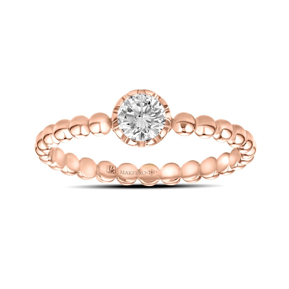 Rose gold ring with a beaded band and one central round diamond, 4.2 mm, color D–E–F, VVS clarity