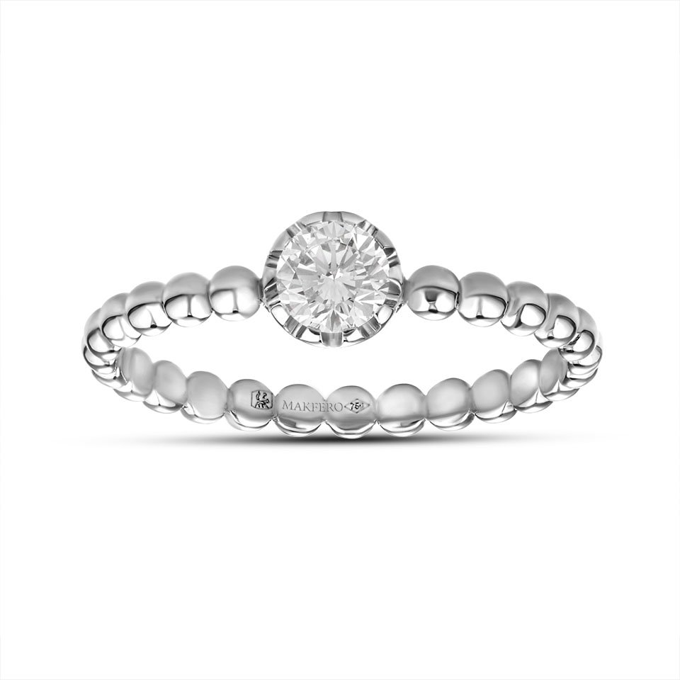 White gold ring with a beaded band and one central round diamond, 4.2 mm, color D–E–F, VVS clarity