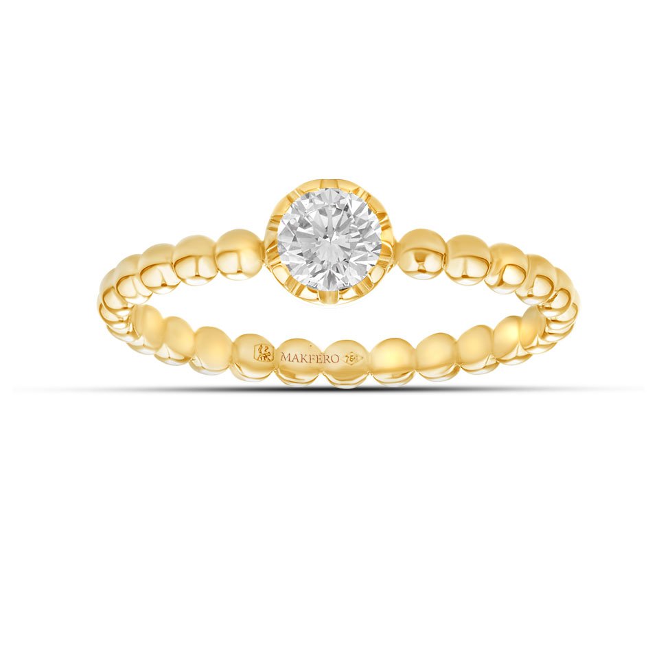 Yellow gold ring with a beaded band and one central round diamond, 4.2 mm, color D–E–F, VVS clarity
