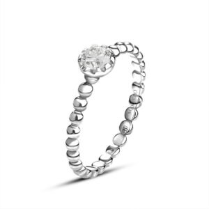 White gold ring with a beaded band and one central round diamond, 4.2 mm, color D–E–F, VVS clarity