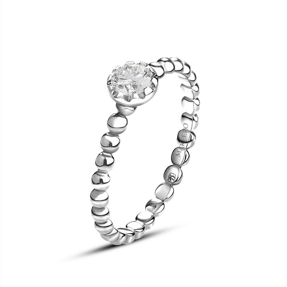 White gold ring with a beaded band and one central round diamond, 4.2 mm, color D–E–F, VVS clarity