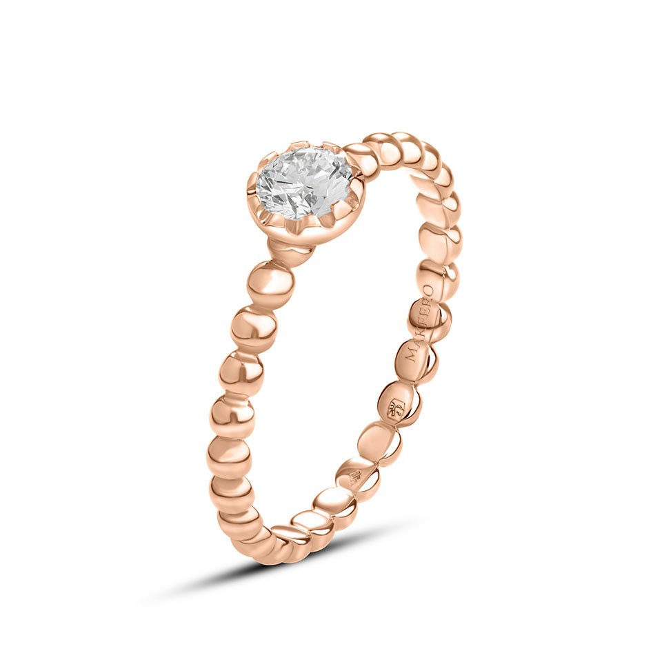 Rose gold ring with a beaded band and one central round diamond, 4.2 mm, color D–E–F, VVS clarity