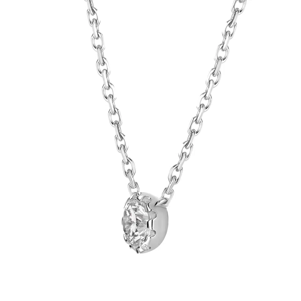 Galaxie necklace in 18K white gold with a central round diamond on a fine chain.