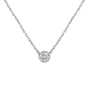 Galaxie necklace in 18K white gold with a central round diamond on a fine chain.