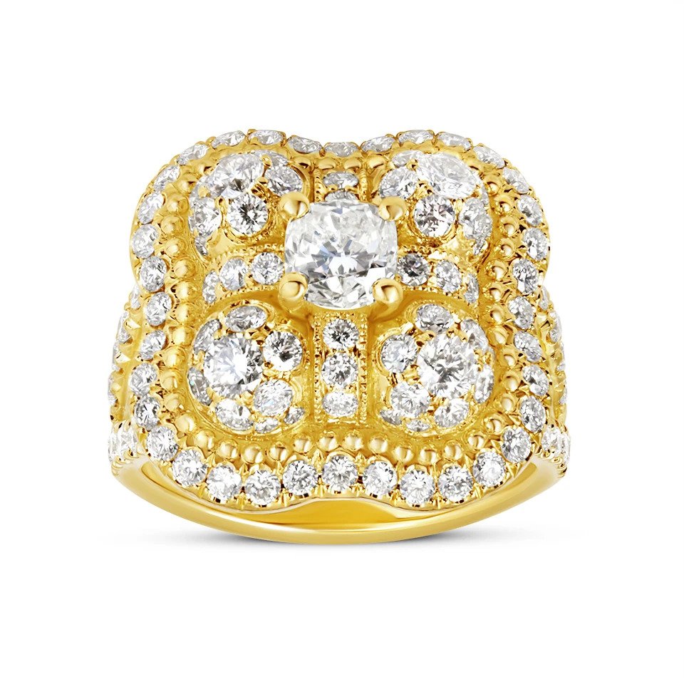 Yellow gold artistic ring with a certified cushion diamond, surrounded by 112 round diamonds in an intricate crown-like design