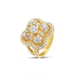 Yellow gold artistic ring with a certified cushion diamond, surrounded by 112 round diamonds in an intricate crown-like design