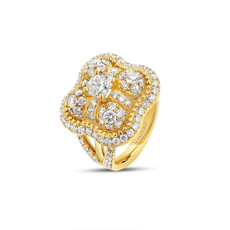 Yellow gold artistic ring with a certified cushion diamond, surrounded by 112 round diamonds in an intricate crown-like design