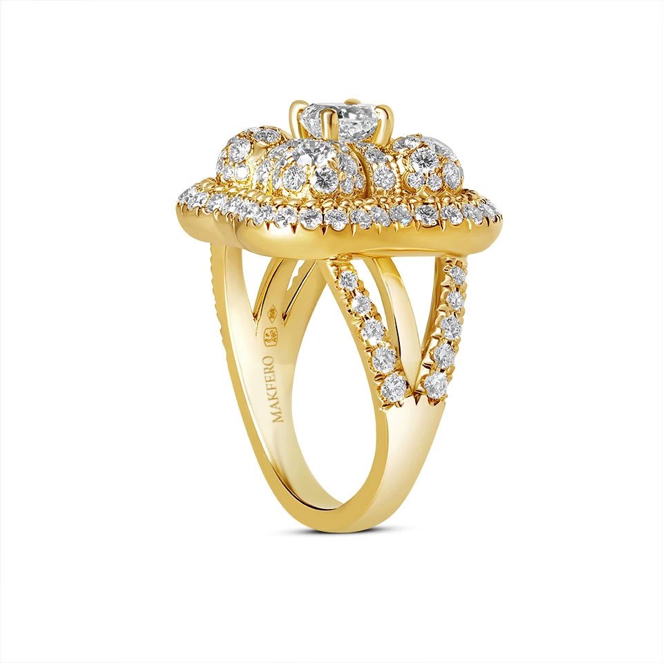 Yellow gold artistic ring with a certified cushion diamond, surrounded by 112 round diamonds in an intricate crown-like design