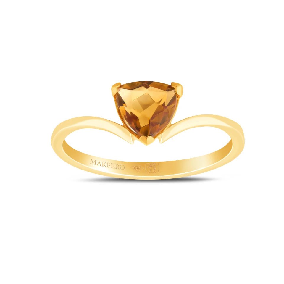 Yellow gold ring with curved band set with a triangular trillion-cut tourmaline