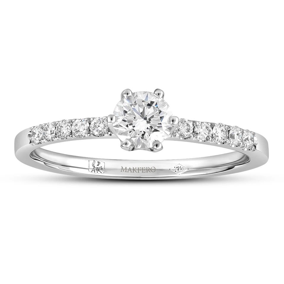 White gold engagement ring with a central certified diamond, and twelve small round diamonds set on the band