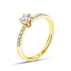 Yellow gold engagement ring with a central certified diamond, and twelve small round diamonds set on the band