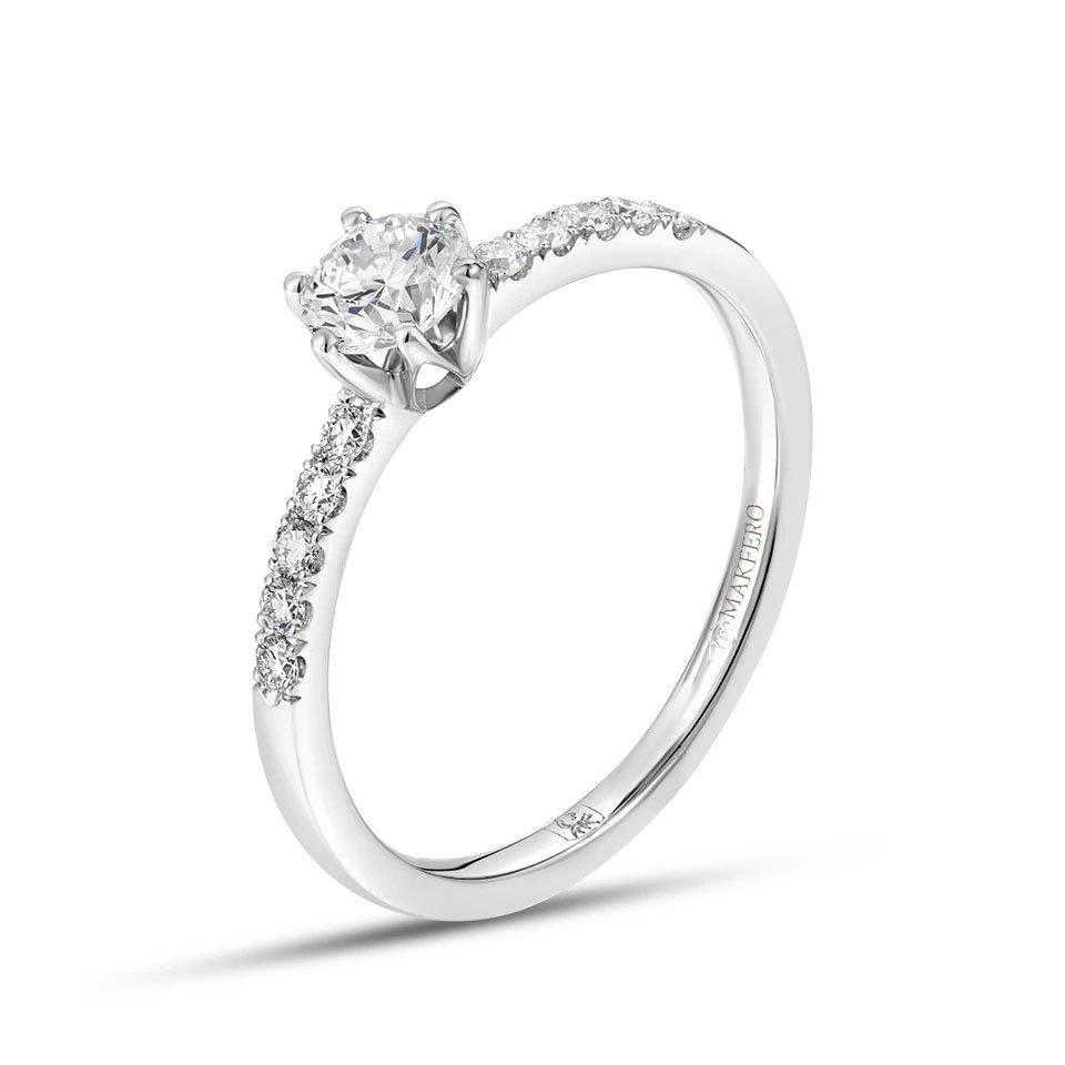 White gold engagement ring with a central certified diamond, and twelve small round diamonds set on the band