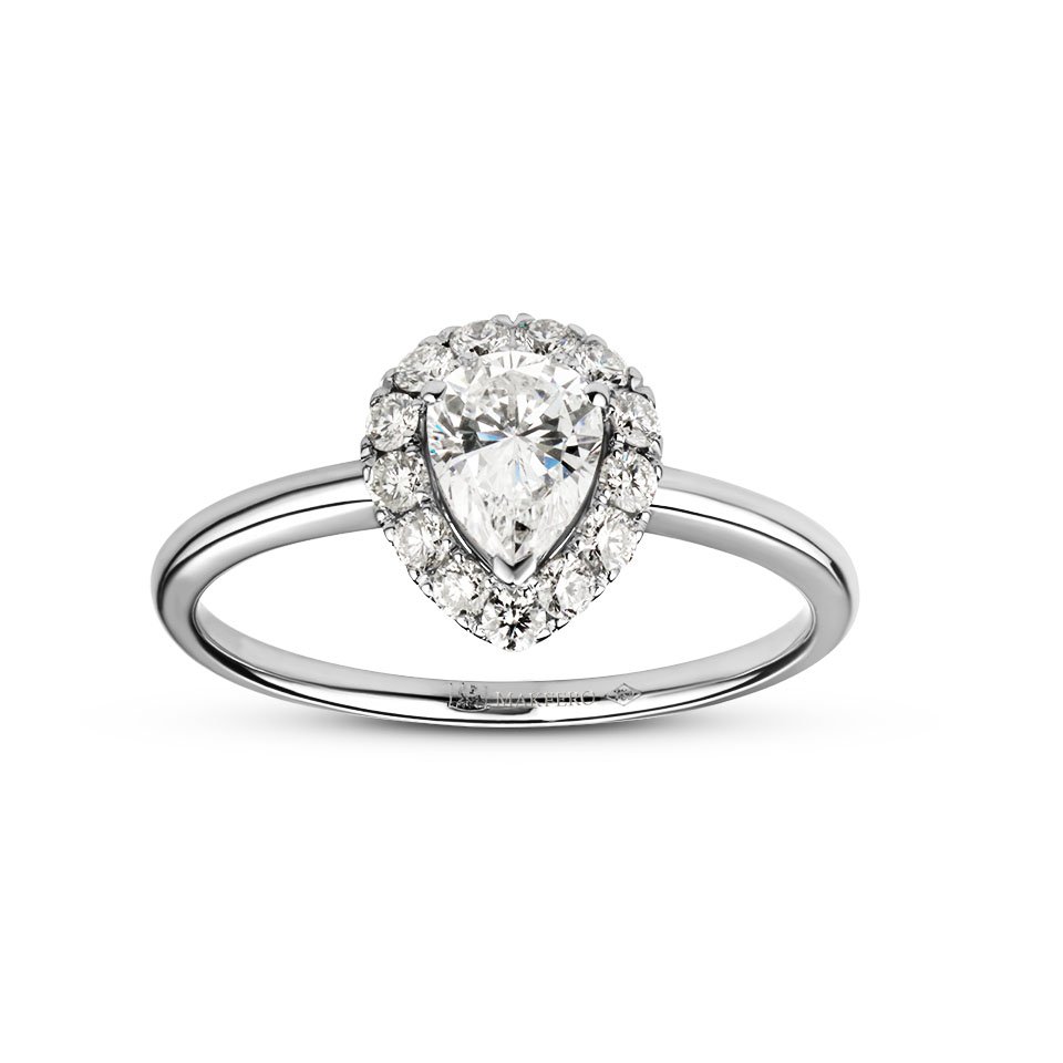White gold engagement ring with a pear-shaped certified diamond, surrounded by 13 round diamonds in a halo design