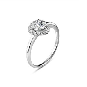 White gold engagement ring with a pear-shaped certified diamond, surrounded by 13 round diamonds in a halo design