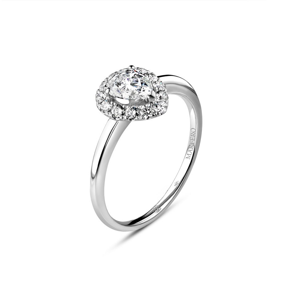 White gold engagement ring with a pear-shaped certified diamond, surrounded by 13 round diamonds in a halo design