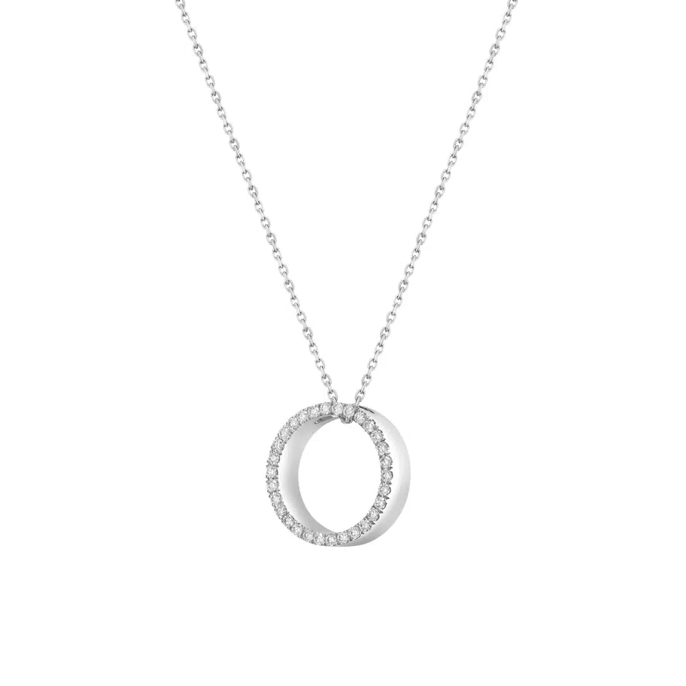 Rondo necklace in 18K white gold featuring a circle pendant set with 30 round diamonds