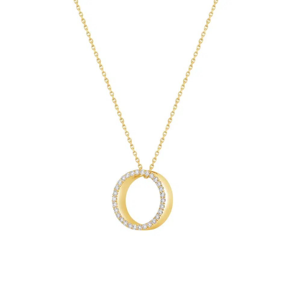 Rondo necklace in 18K white gold featuring a circle pendant set with 30 round diamonds