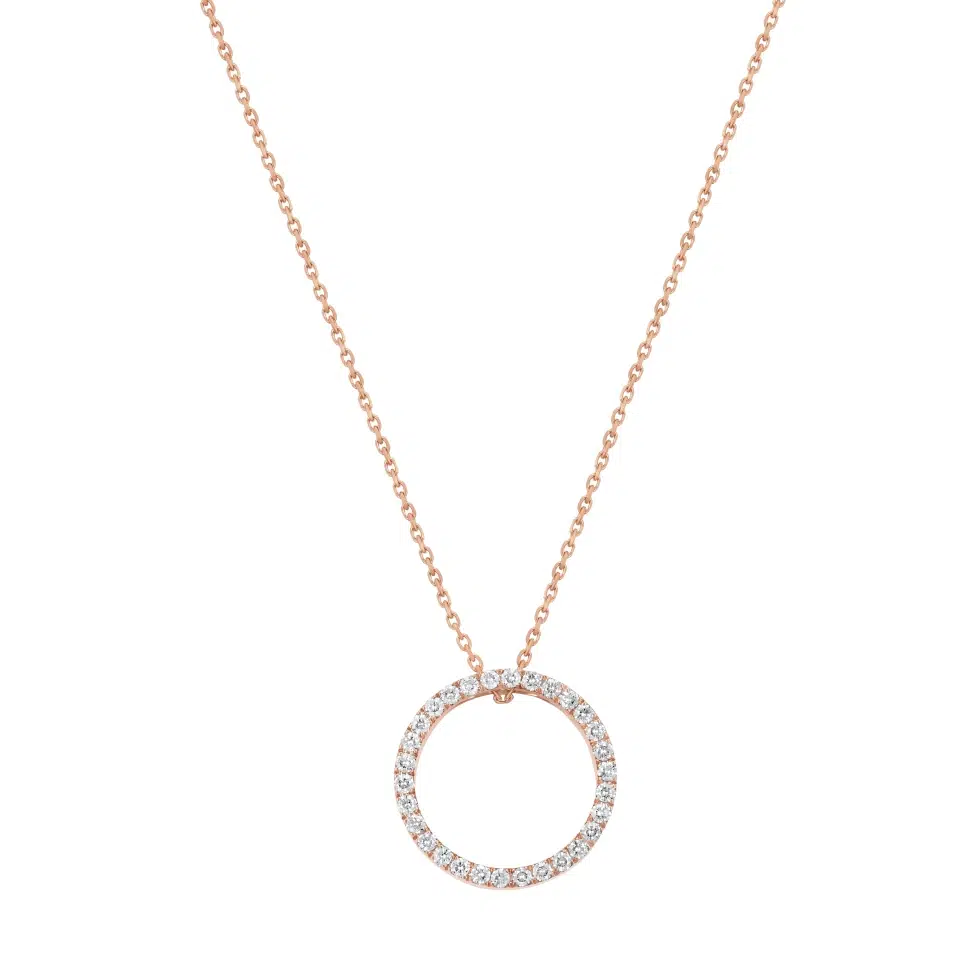 Rondo necklace in 18K white gold featuring a circle pendant set with 30 round diamonds