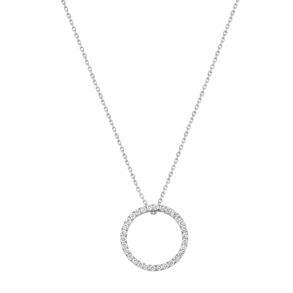 Rondo necklace in 18K white gold featuring a circle pendant set with 30 round diamonds