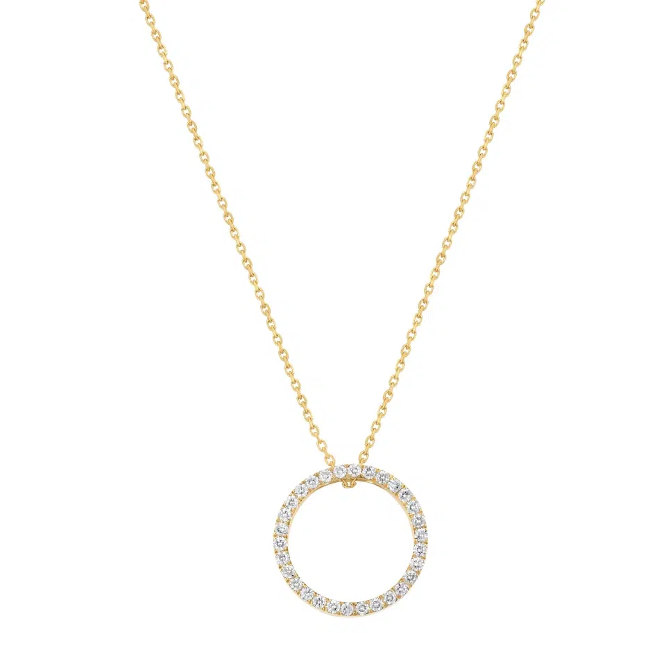 Rondo necklace in 18K white gold featuring a circle pendant set with 30 round diamonds