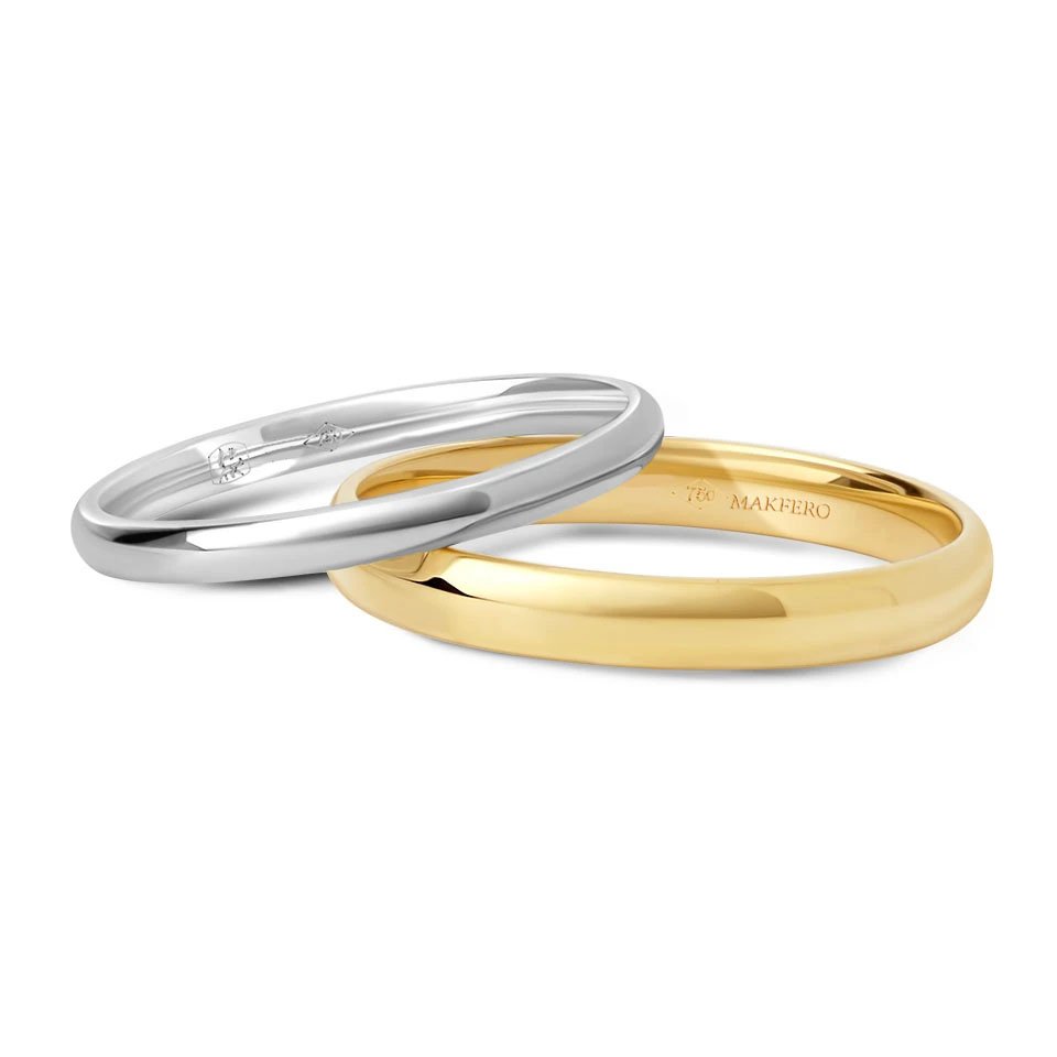 Thara polished wedding ring in 18k gold, available in 2 mm and 3 mm widths