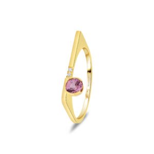 Elegant yellow gold ring with asymmetric band, set with a round pink tourmaline and two small round diamonds.
