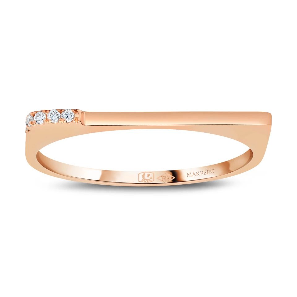 Rose gold ring with slim geometric band set with five small round diamonds