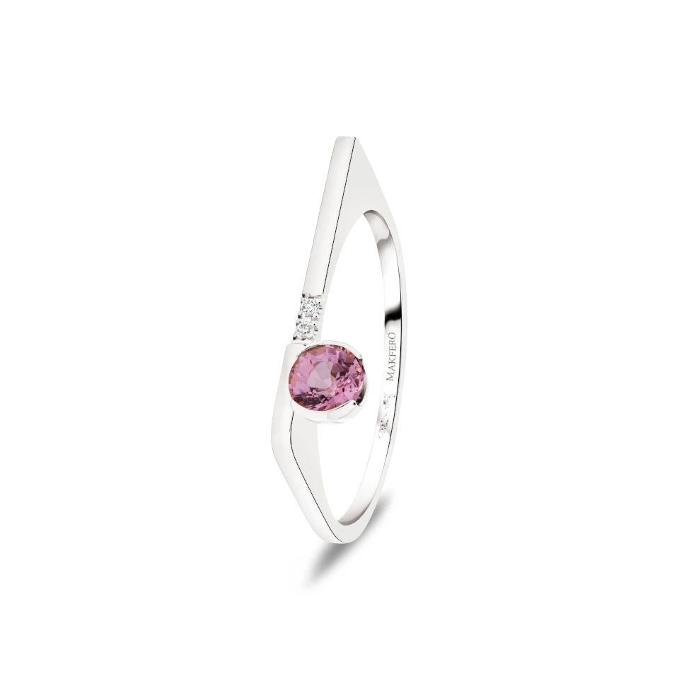 Elegant white gold ring with asymmetric band, set with a round pink tourmaline and two small round diamonds.