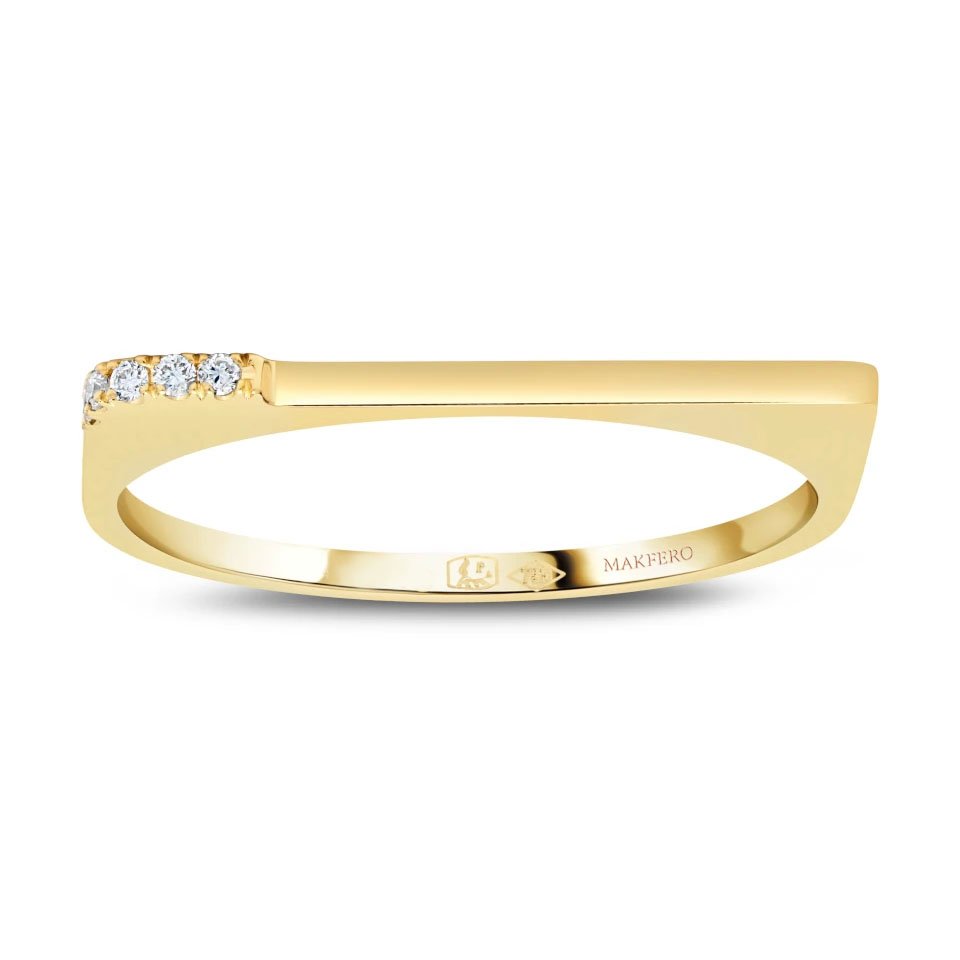 Yellow gold ring with slim geometric band set with five small round diamonds